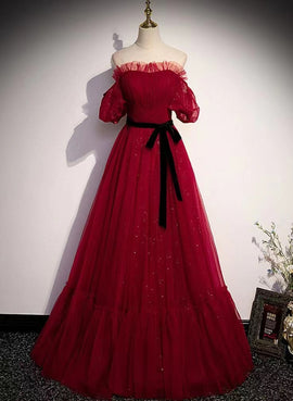 Wine Red Off Shoulder Shiny Tulle Long Party Dress, Wine Red Floor Length Prom Dress