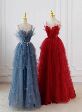 A-line Tulle Layers Beaded Straps Long Party Dress, Tulle Prom Dress Evening Dress