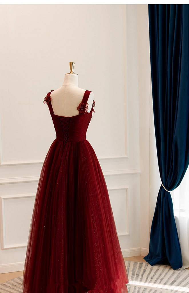 Red Tulle Sweetheart Straps Long Low Back Prom Dress, Red Evening Dress Party Dress main image 1