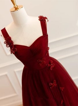 A-line Tulle Sweetheart Straps Long Formal Dress, Wine Red Evening Dress Prom Dress