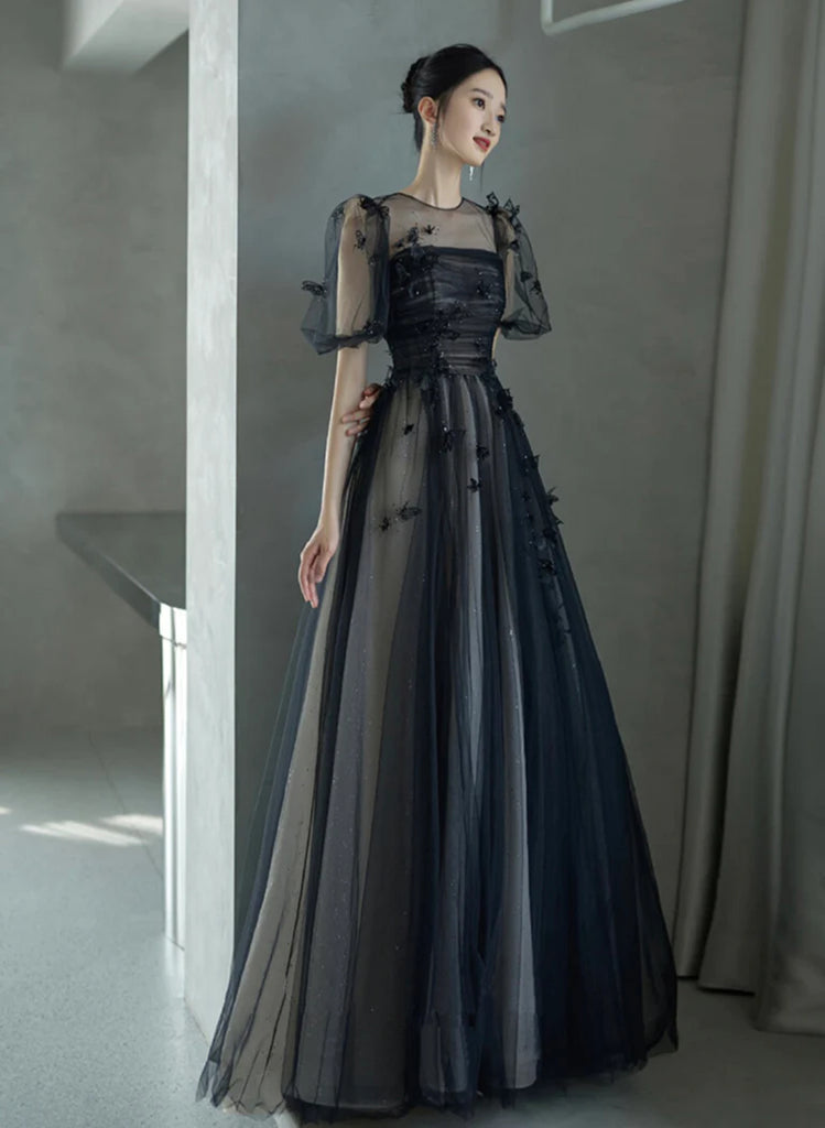 A-line Black Short Sleeves Tulle with Lace Long Party Dress, Black Lon
