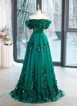 Green Flowers Off Shoulder Tulle Long Formal Dress, Green Sweet 16 Dress
