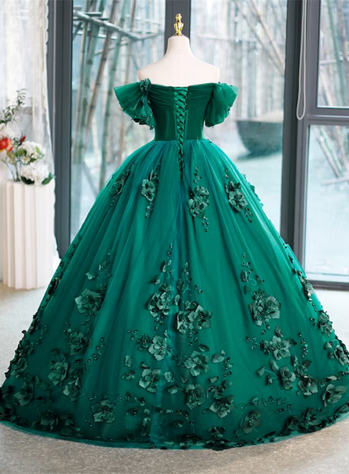 Green Flowers Off Shoulder Tulle Long Formal Dress, Green Sweet 16 Dress