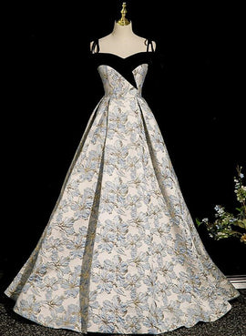 Off Shoulder Floral Satin Straps Sweetheart Prom Dress, A-line Satin Evening Dress