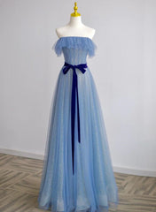 A-line Blue Tulle Scoop Long Formal Dress with Belt, Blue Long Evening Dress Prom Dress