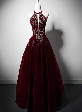 Wine Red Halter Velvet Long Beaded Prom Dress, A-line Velvet Formal Dress