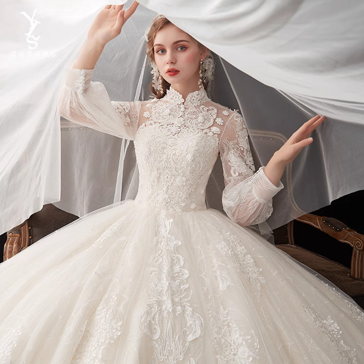 Ivory High Neckline Lace Puffy Sleeves Wedding Dress, Ivory Long Formal Gown Ivory High Neckline Lace Puffy Sleeves Wedding Dress, Ivory Long Formal Gown