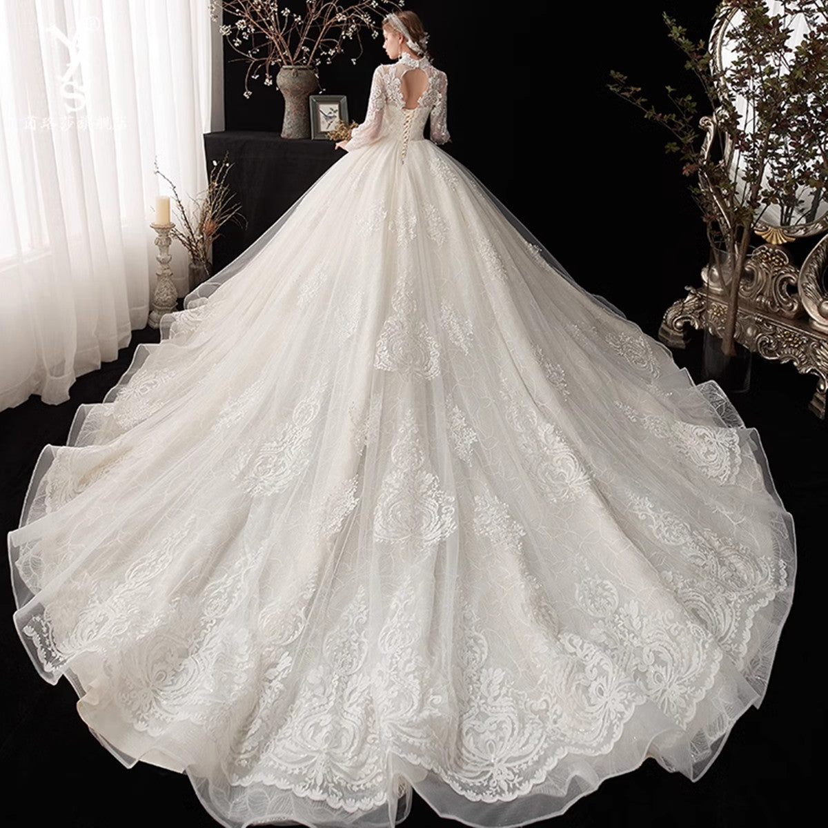Ivory High Neckline Lace Puffy Sleeves Wedding Dress, Ivory Long Forma Cutedressy Ivory High Neckline Lace Puffy Sleeves Wedding Dress, Ivory Long Forma Cutedressy
