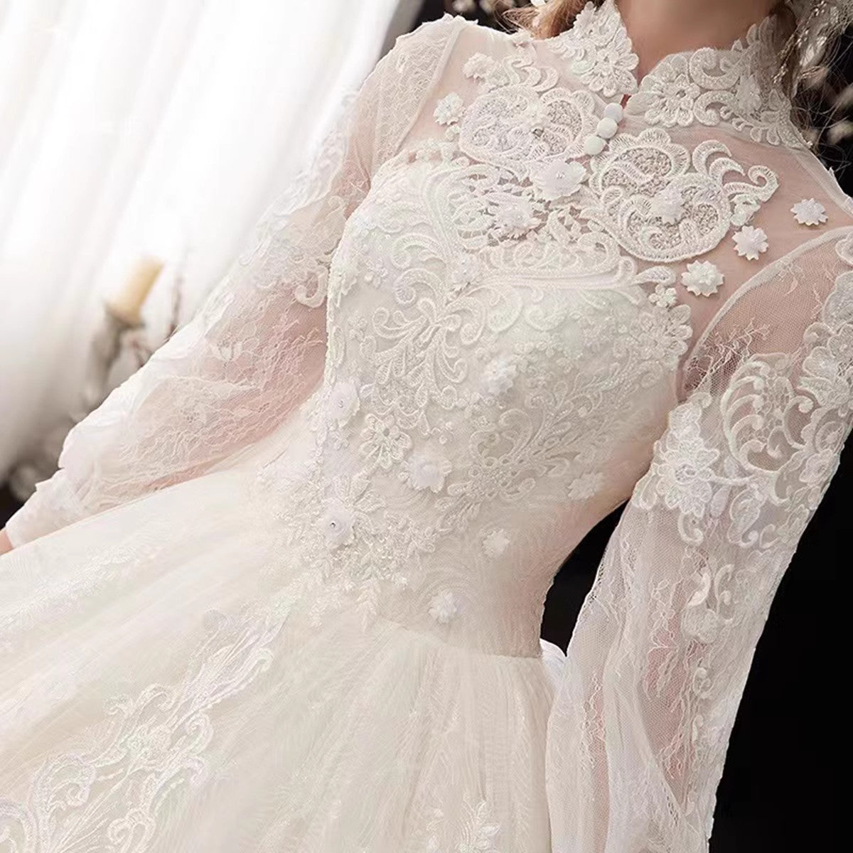Ivory High Neckline Lace Puffy Sleeves Wedding Dress, Ivory Long Forma Cutedressy Ivory High Neckline Lace Puffy Sleeves Wedding Dress, Ivory Long Forma Cutedressy