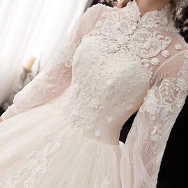 Ivory High Neckline Lace Puffy Sleeves Wedding Dress, Ivory Long Formal Gown