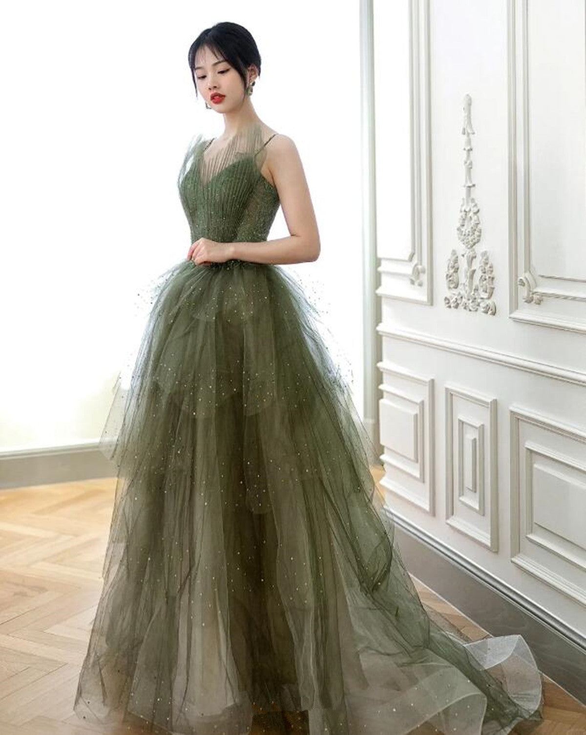 Green Tulle Beaded Layers Long Straps Prom Dress, Green Tulle Evening Dress