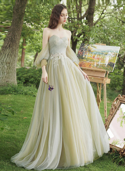 Green V-neckline Tulle with Lace Applique Prom Dress main image 1