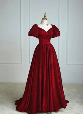 Wine Red Satin V-neckline Short Sleeves Prom Dress, Wine Red Long Party Dress
