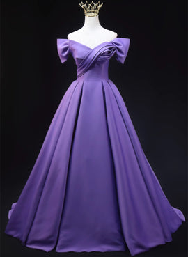 Purple Satin Simple Off Shoulder Evening Dress, Purple Long Prom Dress