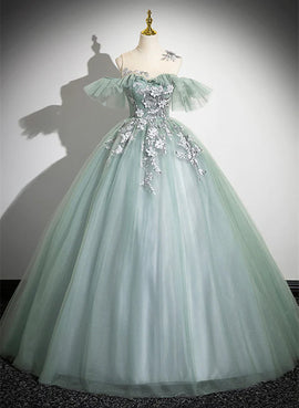 Green Tulle Long Prom Dress with Lace Applique, A-Line Off Shoulder Evening Dress