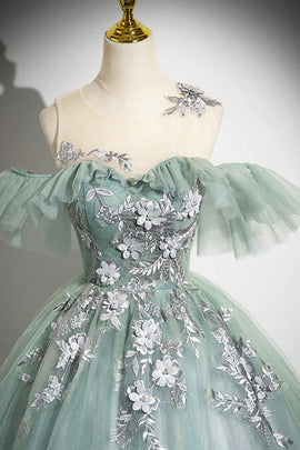 Green Tulle Long Prom Dress with Lace Applique, A-Line Off Shoulder Evening Dress