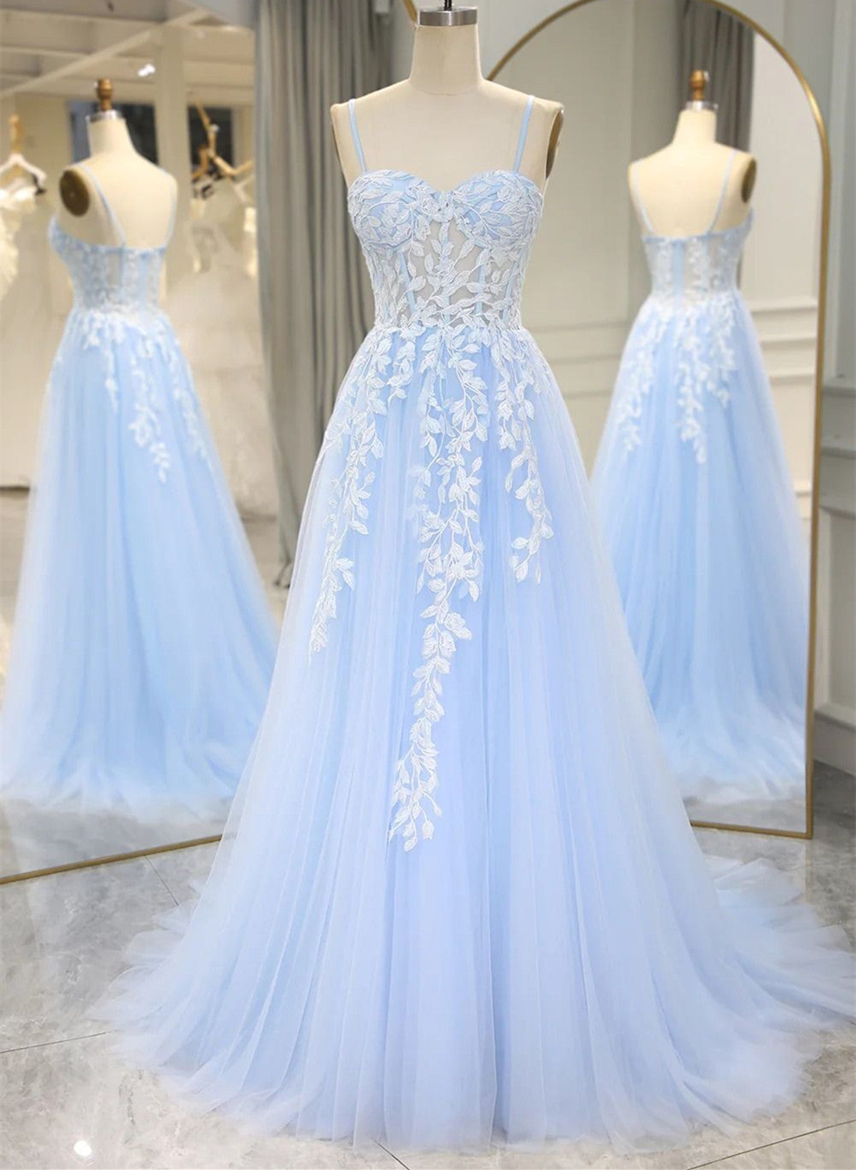 A-line Tulle Blue with Lace Sweetheart Straps Party Dress, Blue Formal Dress
