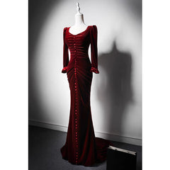 Wine Red Long Sleeves Velvet Mermaid Long Party Dress, Wine Red Long Formal Dress