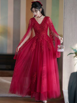 Charming Wine Red Tulle V-neckline with Lace Applique Formal Dress, Wine Red Tulle Evening Dress