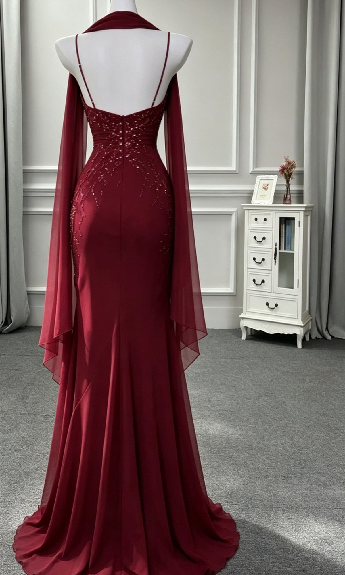 Wine Red Chiffon Spaghetti Straps Mermaid Party Dress,Wine Red Ruffled Chiffon Party Prom Dress with Scarf