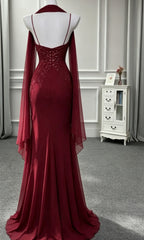 Wine Red Chiffon Spaghetti Straps Mermaid Party Dress,Wine Red Ruffled Chiffon Party Prom Dress with Scarf
