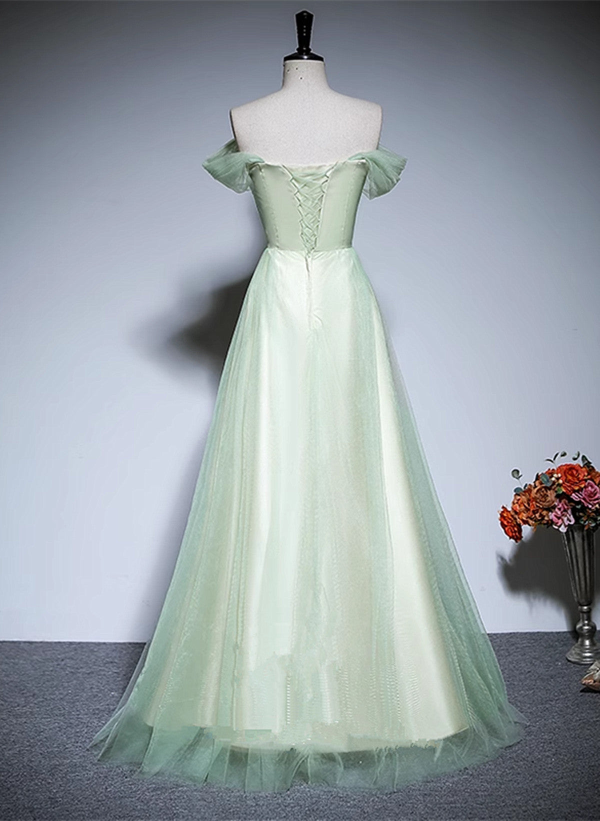 Green A-line Off Shoulder Tulle Long Formal Dress, Green Long Prom Dre Cutedressy Green A-line Off Shoulder Tulle Long Formal Dress, Green Long Prom Dre Cutedressy