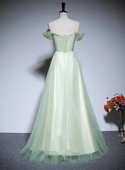 Green A-line Off Shoulder Tulle Long Formal Dress, Green Long Prom Dress