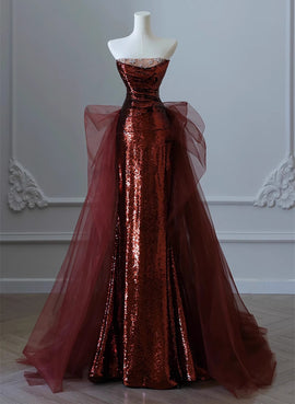 Wine Red Sequins and Tulle Long Party Dress, Wine Red Evening Dress Prom Dress