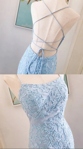 Blue Tulle with Lace Straps Long Evening Dress, Blue Prom Dress