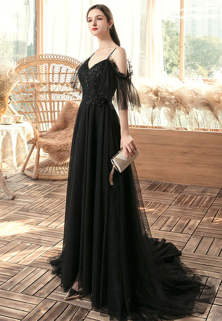 Black A-line Off Shoulder Tulle Beaded Prom Dress, Black Long Evening