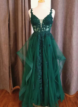 A-line Green Tulle with Lace Straps V-neckline Prom Dress, Green Tulle Evening Dress