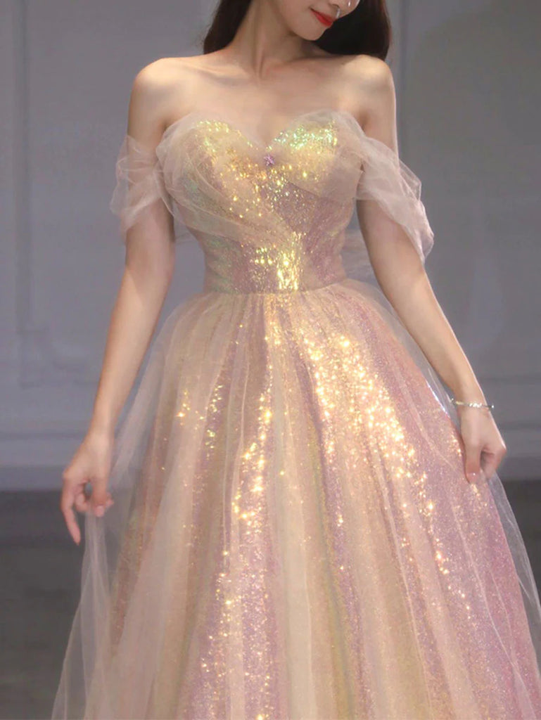 Sparkly Sequins Tulle A Line V Neck Prom Dresses, Evening Dresses, PL536