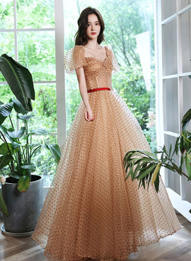 Champagne A-line Cute Tulle Long Prom Dress, Sweetheart Tulle Evening Dress