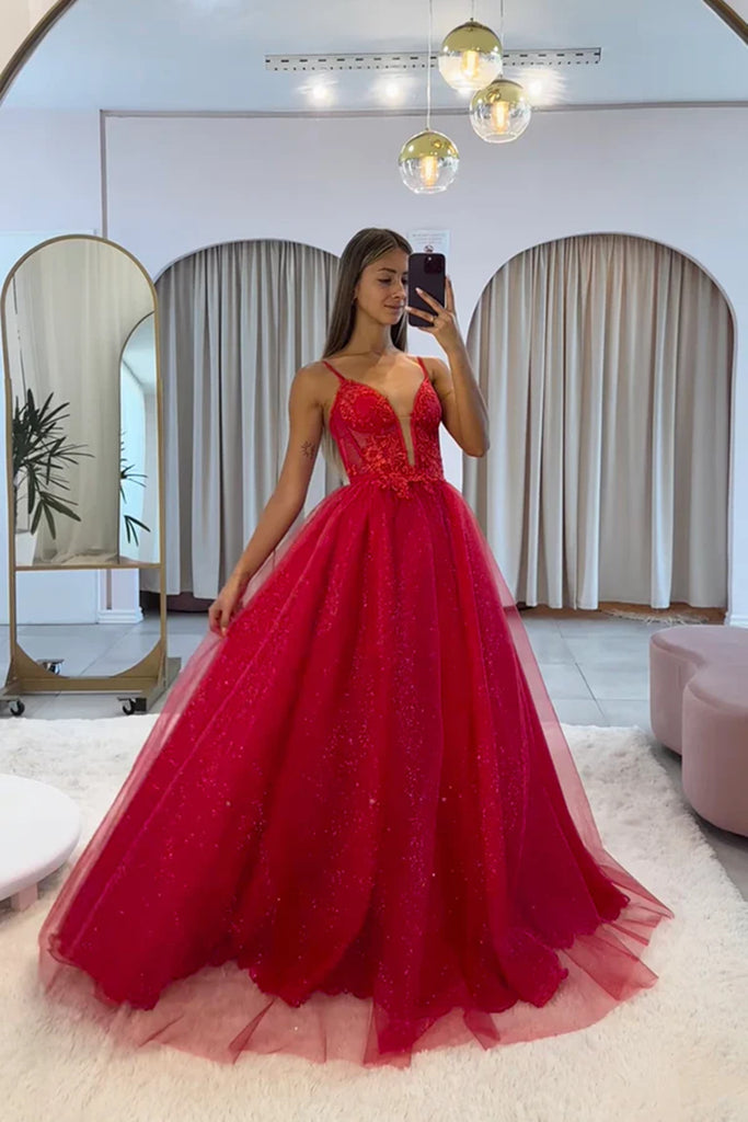 Red Tulle V-neckline Straps Long Evening Dress Prom Dress, Red Tulle P