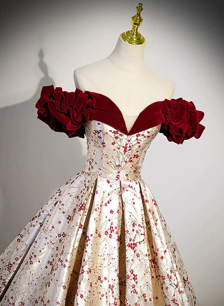 Lovely A-line Floral Satin Short Sleeves Long Prom Dress, Sweetheart Formal Dress