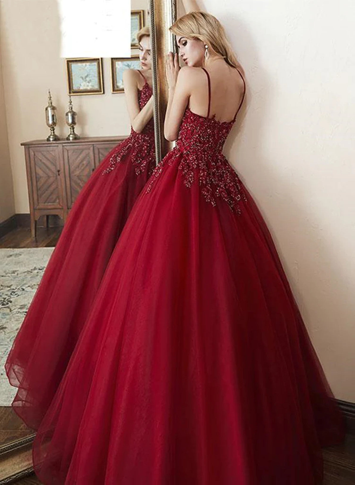 Wine Red Tulle with Lace Ball Gown Straps Party Dress, Wine Red Tulle Prom Dress