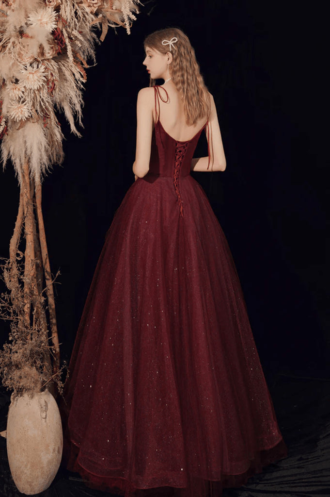 Wine Red V-neckline Tulle Beaded A-line Prom Dress, Wine Red Floor Length Party Dress