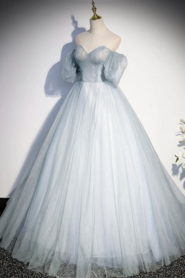 Light Blue Tulle Sweetheart Long Evening Dress, Light Blue Prom Dress