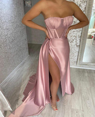 Pink Sweetheart Satin Long Prom Dress with Leg Slit, Pink Satin Evening Dress