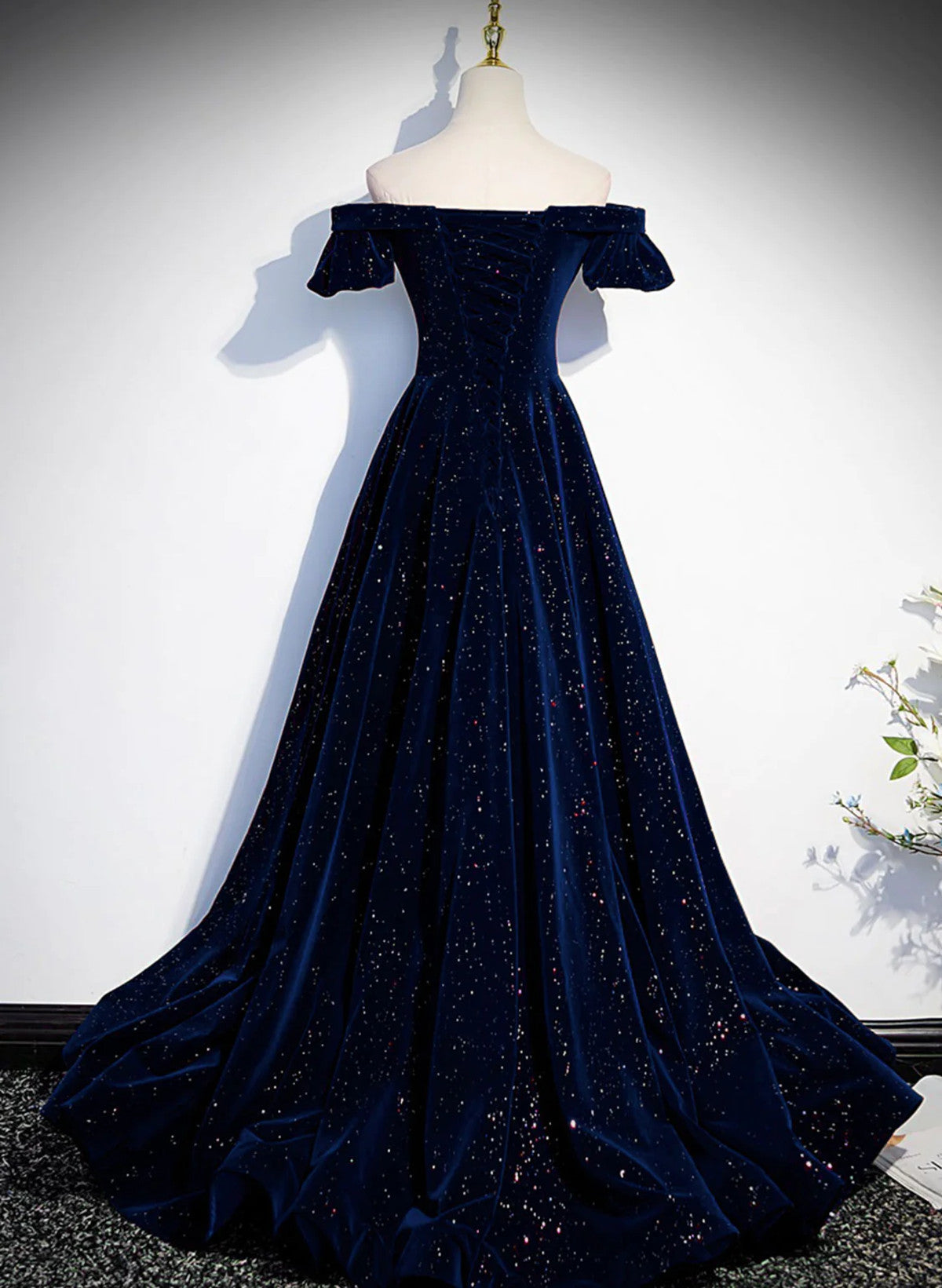 A-line Navy Blue Velvet Long Party Dress Prom Dress, Off Shoulder Navy Cutedressy A-line Navy Blue Velvet Long Party Dress Prom Dress, Off Shoulder Navy Cutedressy