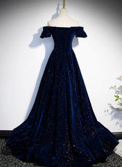 A-line Navy Blue Velvet Long Party Dress Prom Dress, Off Shoulder Navy Blue Formal Dress