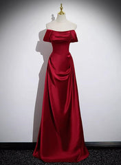 A-line Sleeveless Wine Red Satin Evening Dress, Wine Red Long Prom Dress