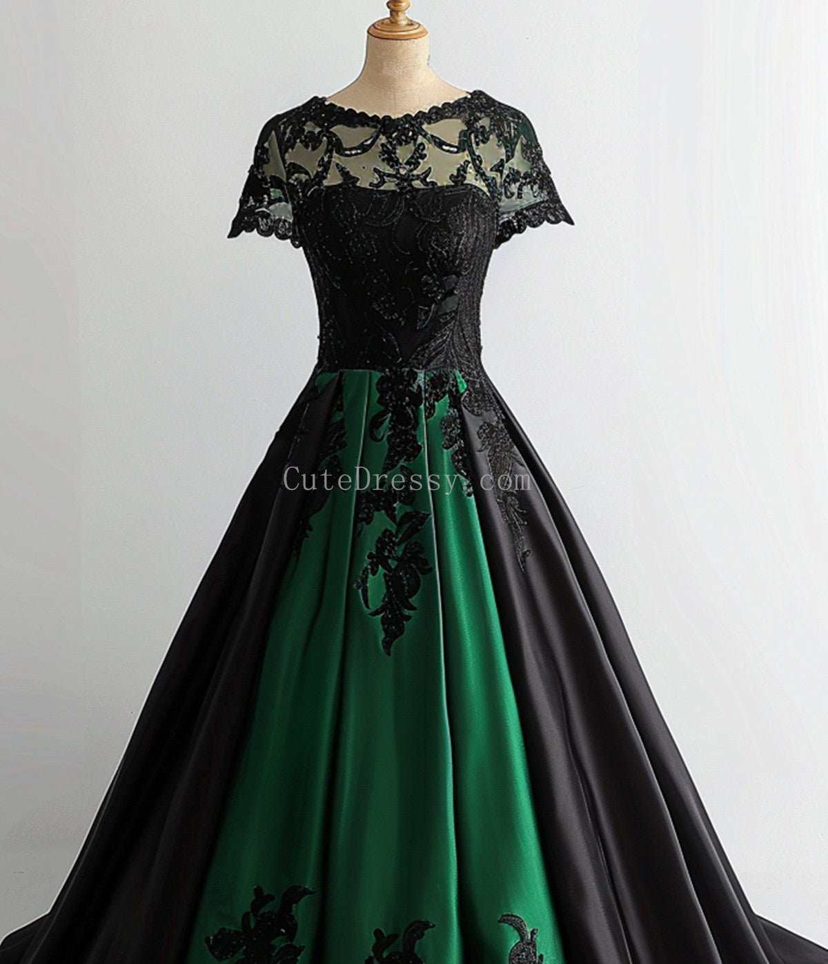 Black and Green Satin Short Sleeves Long Party Dress, Black and Green Cutedressy Black and Green Satin Short Sleeves Long Party Dress, Black and Green Cutedressy