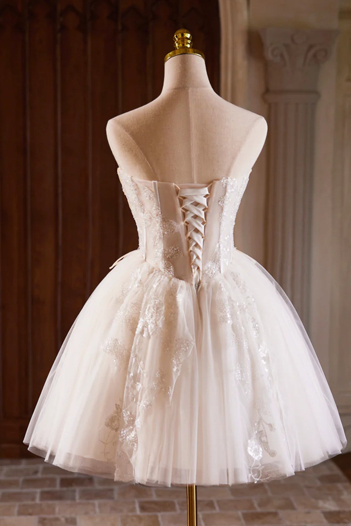 Ivory Strapless Tulle Beaded Short Prom Dress, A-Line Sweetheart Neck Cutedressy Ivory Strapless Tulle Beaded Short Prom Dress, A-Line Sweetheart Neck Cutedressy