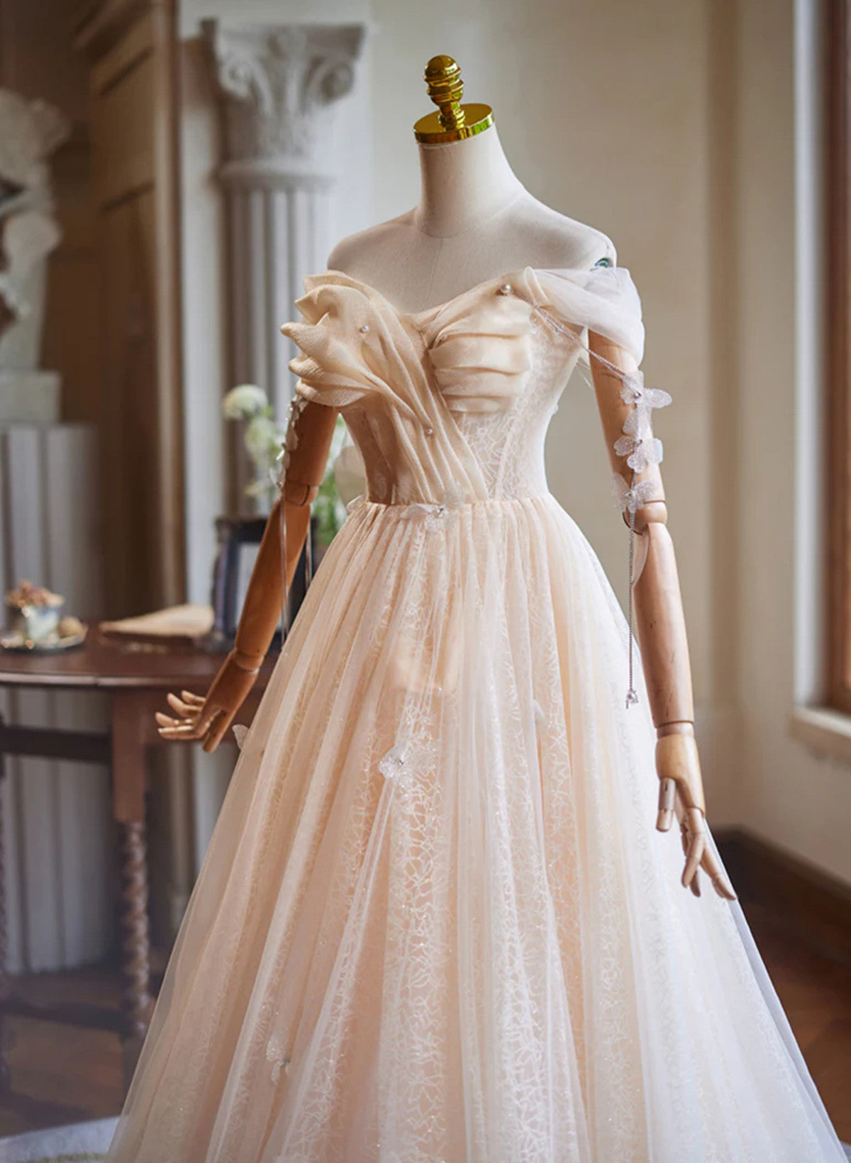 Light Champagne Tulle Long Evening Dress, A-line Off Shoulder Prom Dre Cutedressy Light Champagne Tulle Long Evening Dress, A-line Off Shoulder Prom Dre Cutedressy