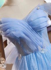 Blue Off Shoulder Tulle Short Homecoming Dress, Blue Sweetheart Prom Dress