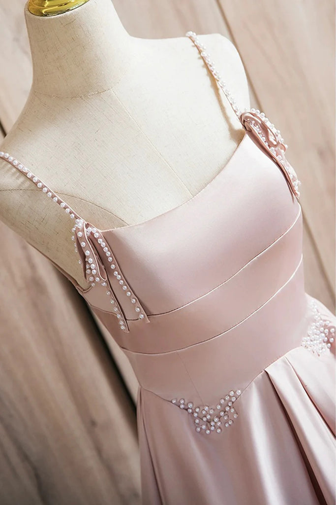 Pink Satin Straps Long Formal Dress Evening Dress, Pink Satin Prom Dre