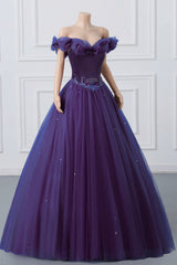 Purple Off Shoulder Beaded Tulle Long Formal Dress, Purple Party Dress