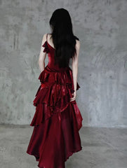 Wine Red High Low Satin Lovely Style Party Dress, Wine Red Long Prom Dress