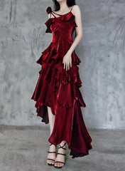 Wine Red High Low Satin Lovely Style Party Dress, Wine Red Long Prom Dress